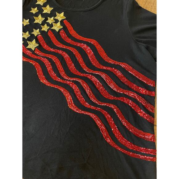 Womens Quacker Factory Fourth Of July Gold Stars Red Stripes Sequin Blouse 2X - Picture 2 of 7